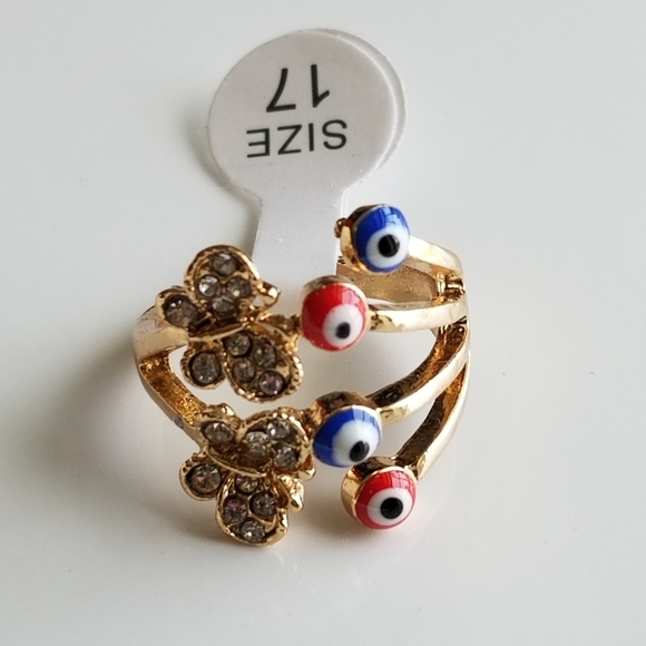 Evil Eye Butterfly Rhinestone Red & Blue Protection Gold Ring New size 7 - Picture 2 of 2